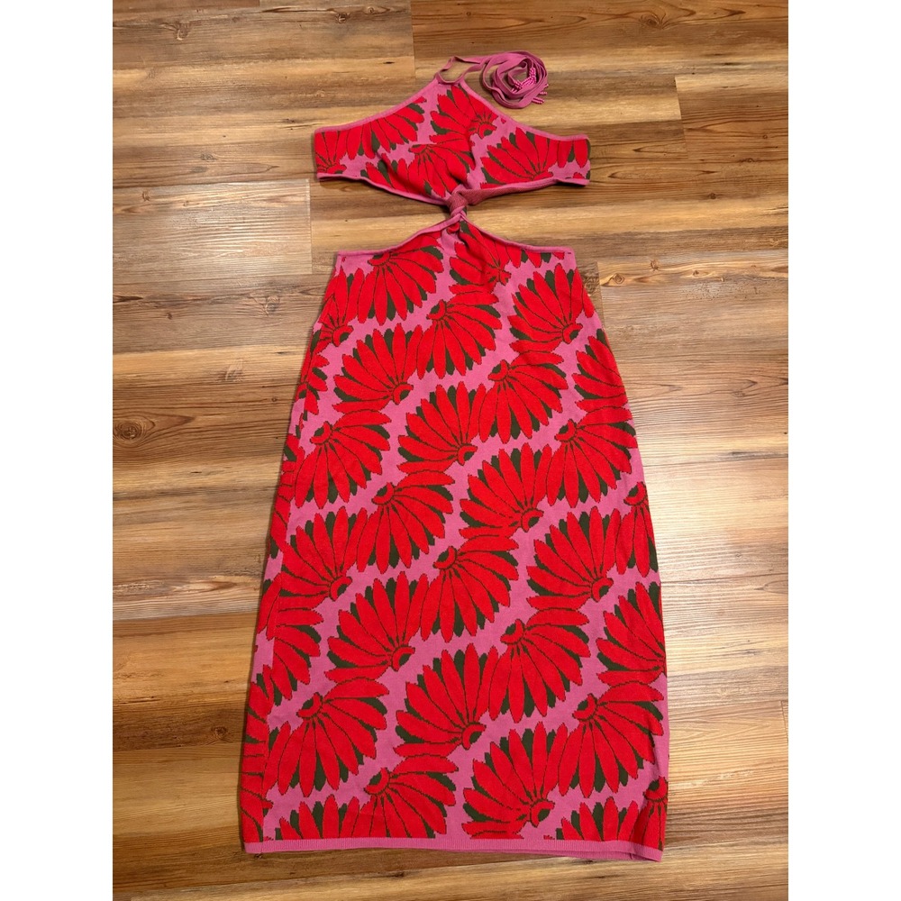 Anthropologie Farm Rio Copacabana Knit Maxi Halter Dress Cut Out Waist Floral XL